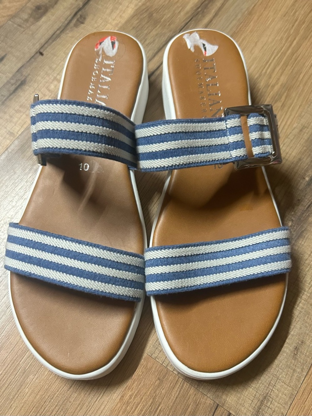 Italian Shoemakers Buckle Slide Sandals, Blue/White,  Striped Women's 10 shoes